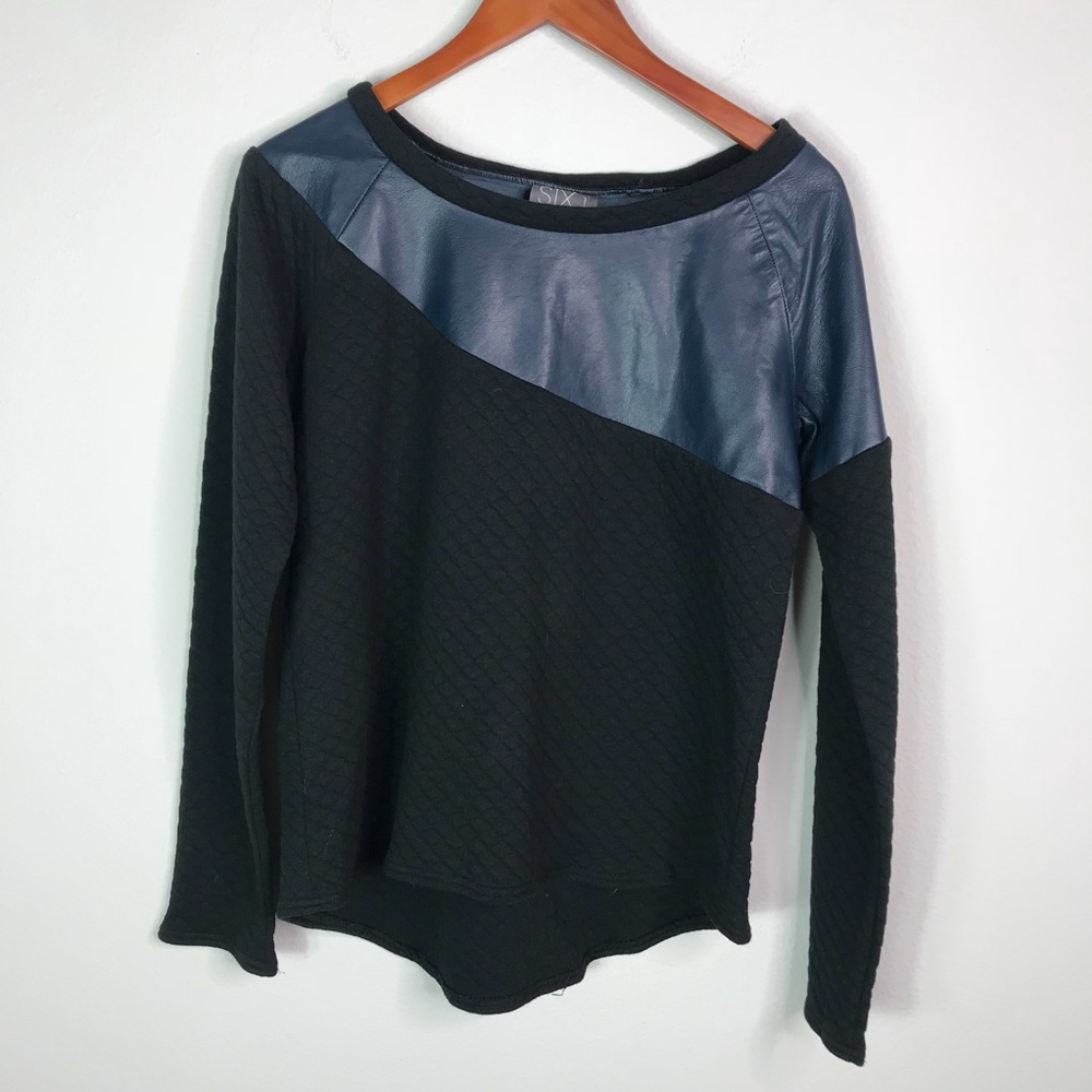 Color Block Leather Quilted Long Sleeve Pullover